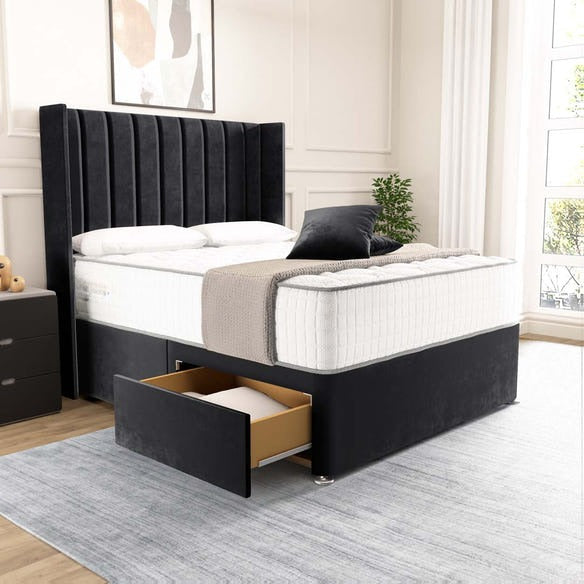 Prague Wingback Divan Bed - Black Plush Velvet
