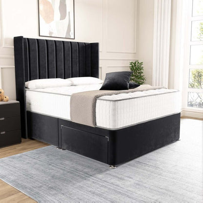 Prague Wingback Divan Bed - Black Plush Velvet