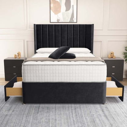 Prague Wingback Divan Bed - Black Plush Velvet