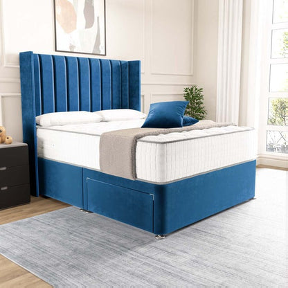 Prague Wingback Divan Bed - Blue Plush Velvet