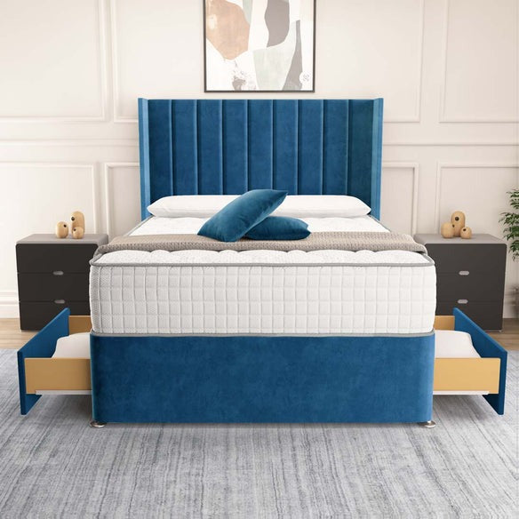 Prague Wingback Divan Bed - Blue Plush Velvet