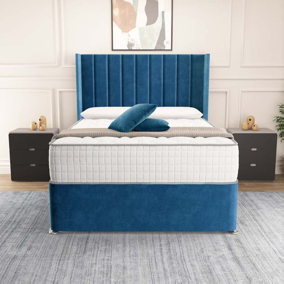 Prague Wingback Divan Bed - Blue Plush Velvet
