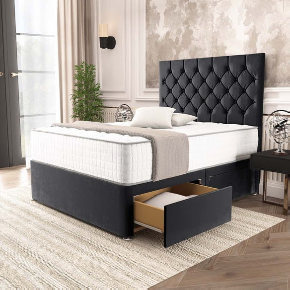 Seville Chesterfield Divan Bed - Black Plush Velvet