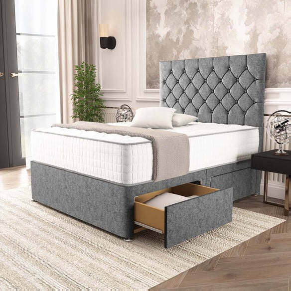 Seville Chesterfield Divan Bed - Silver Chenille