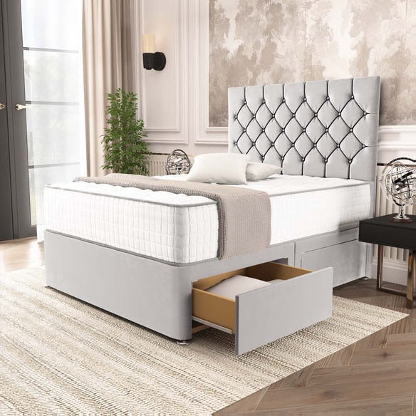 Seville Chesterfield Divan Bed - Silver Plush Velvet