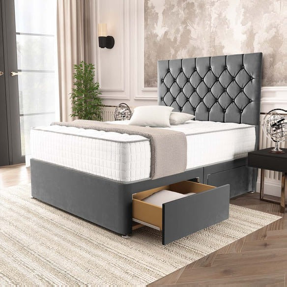 Seville Chesterfield Divan Bed - Steel Plush Velvet