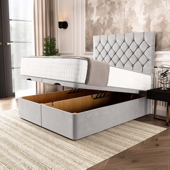 Seville Chesterfield Ottoman Divan Bed - Silver Plush Velvet