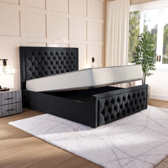 Valencia Upholstered Ottoman Bed - Black Plush Velvet