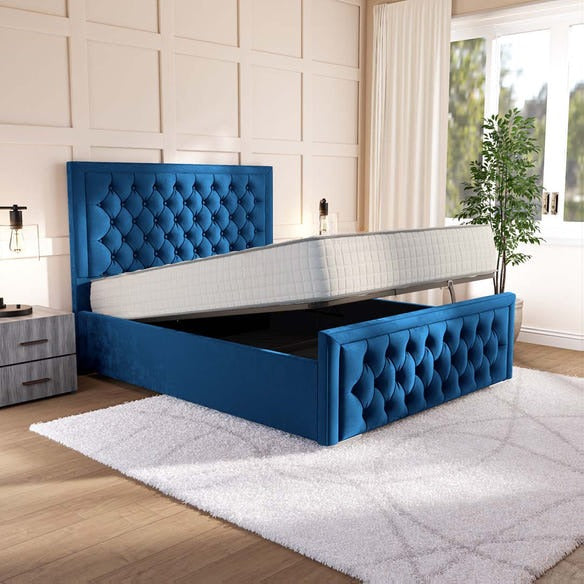 Valencia Upholstered Ottoman Bed - Blue Plush Velvet