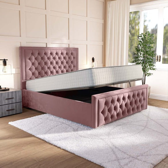 Valencia Upholstered Ottoman Bed - Pink Plush Velvet