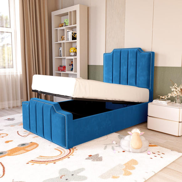 Washington Kids Upholstered Ottoman Bed - Blue Plush Velvet