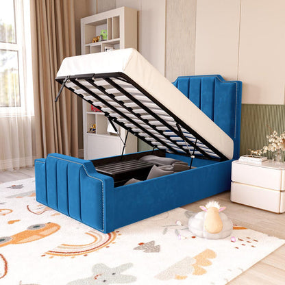 Washington Kids Upholstered Ottoman Bed - Blue Plush Velvet