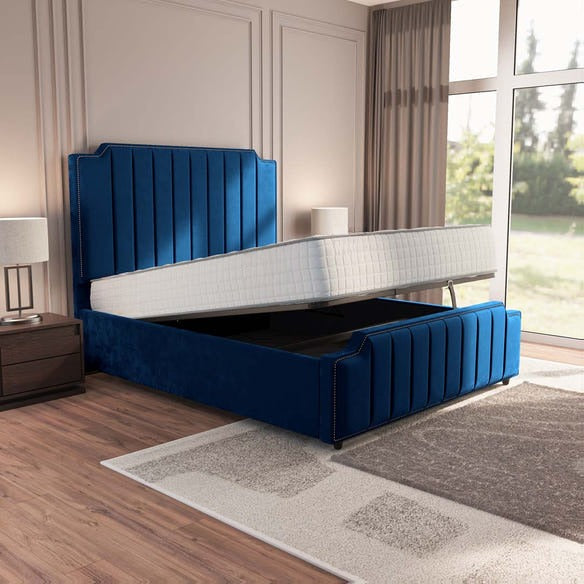 Washington Upholstered Ottoman Bed - Blue Plush Velvet