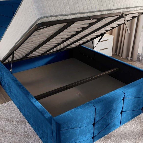 Lancaster Upholstered Ottoman Bed - Blue Plush Velvet