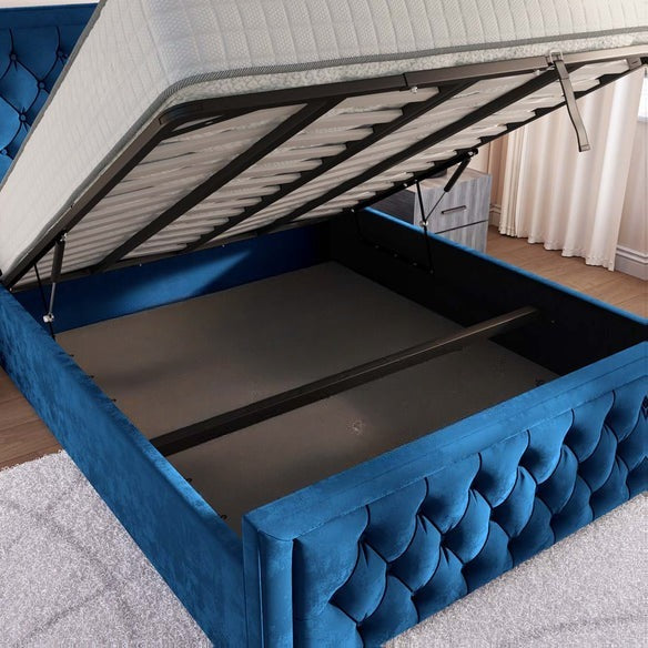 Valencia Upholstered Ottoman Bed - Blue Plush Velvet