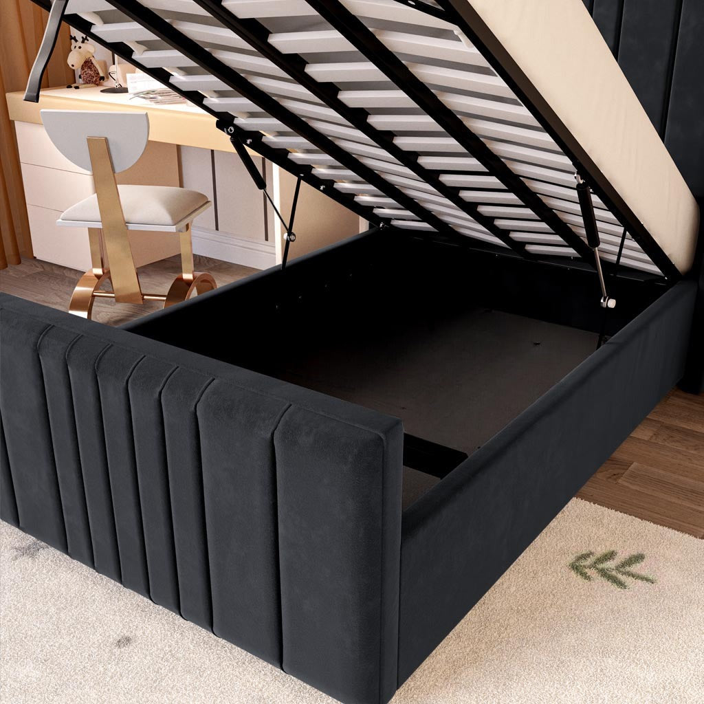 Cambridge Kids Upholstered Ottoman Bed - Black Plush Velvet