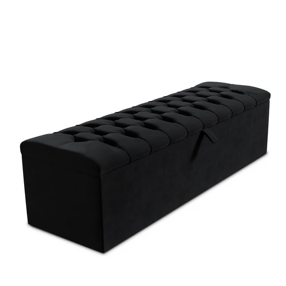 Chesterfield Ottoman Storage Box - Black Plush Velvet