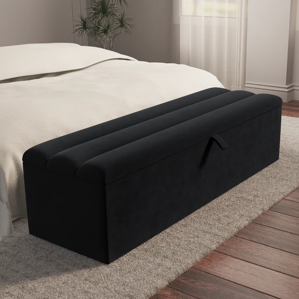 Athens Ottoman Storage Box - Black Plush Velvet