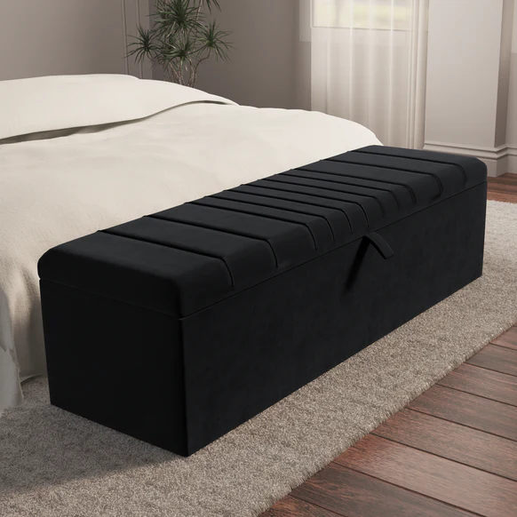 Cambridge Ottoman Storage Box - Black Plush Velvet