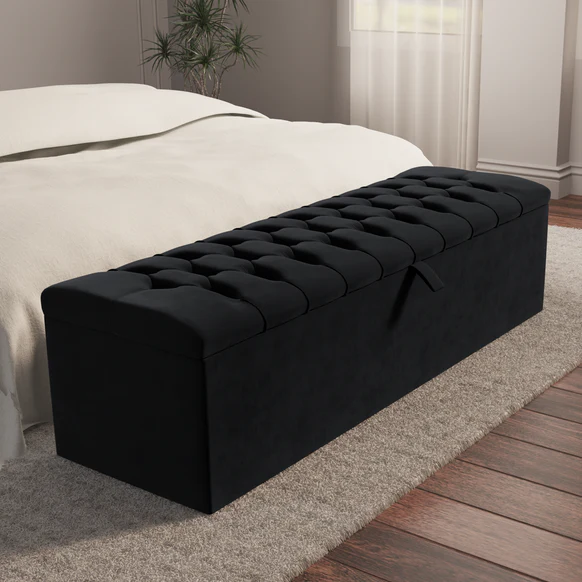 Chesterfield Ottoman Storage Box - Black Plush Velvet