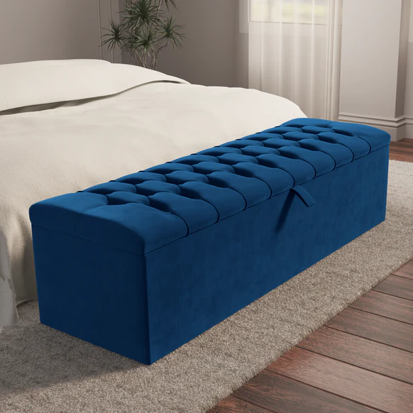 Chesterfield Ottoman Storage Box - Blue Plush Velvet