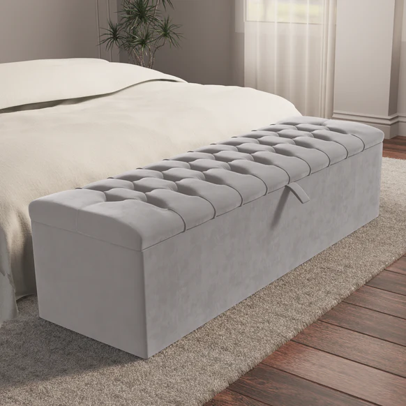 Chesterfield Ottoman Storage Box - Silver Plush Velvet