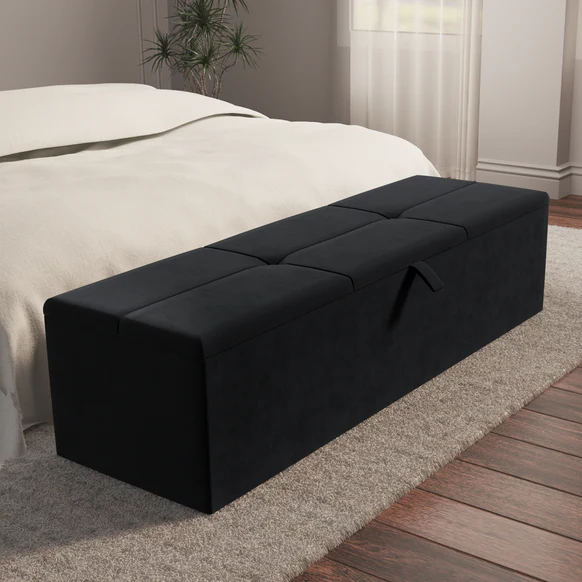 Cubed Ottoman Storage Box - Black Plush Velvet