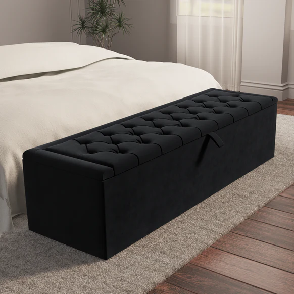 Madrid Ottoman Storage Box - Black Plush Velvet