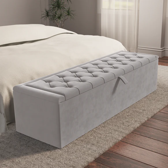 Madrid Ottoman Storage Box - Silver Plush Velvet
